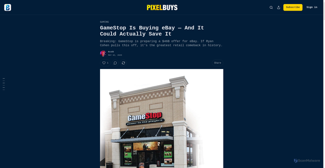 Security scan screenshot of https://pixelbuys.com/p/gamestop-is-buying-ebay-and-it-could