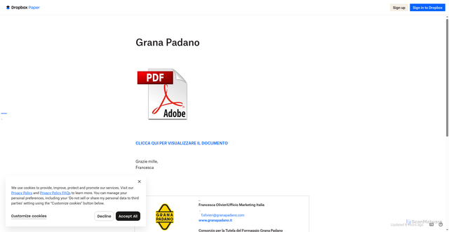 Security scan screenshot of https://www.dropbox.com/scl/fi/czosqmi054dk0h728xjdl/Grana-Padano.paper?rlkey=g23o0xytnt443n9h01f9g22wh&st=18ky62ra&dl=0