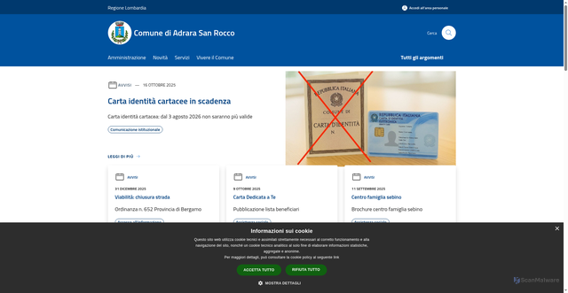 Security scan screenshot of https://www.comune.adrarasanrocco.bg.it/it