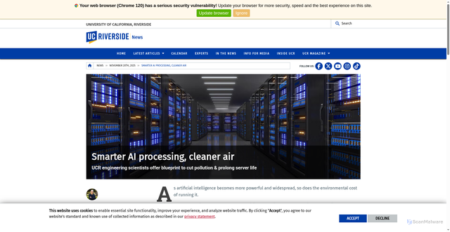 Security scan screenshot of https://news.ucr.edu/articles/2025/11/20/smarter-ai-processing-cleaner-air