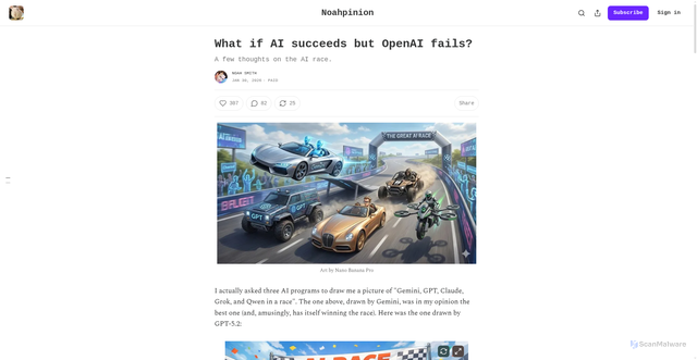 Security scan screenshot of https://www.noahpinion.blog/p/what-if-ai-succeeds-but-openai-fails