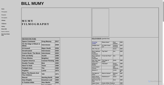 Security scan screenshot of http://billmumy.com/mumy/filmography.html