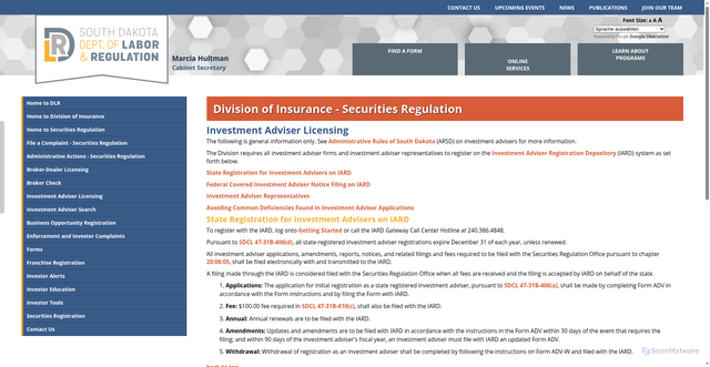 Security scan screenshot of https://dlr.sd.gov/securities/investment_adviser_licensing.aspx