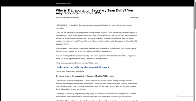 Security scan screenshot of https://www.nxsmediawire.com/news/sean-duffy-new-transportation-secretary-dc-plane-crash-congressman-reality-tv/amp/
