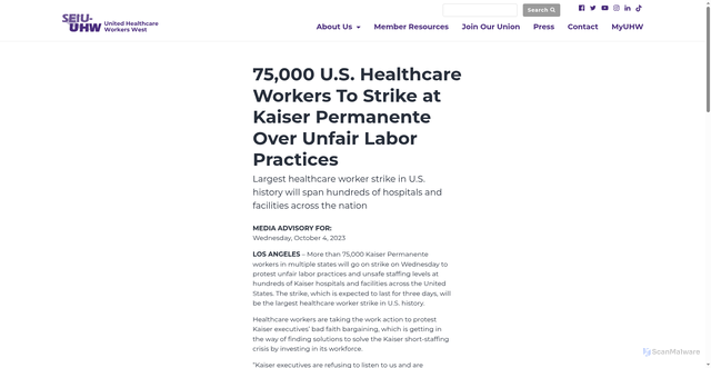 Security scan screenshot of https://www.seiu-uhw.org/press/75000-u-s-healthcare-workers-to-strike-at-kaiser-permanente-over-unfair-labor-practices/