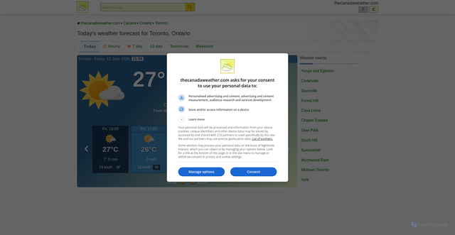 Security scan screenshot of https://www.thecanadaweather.com/canada/ontario/weather-toronto/