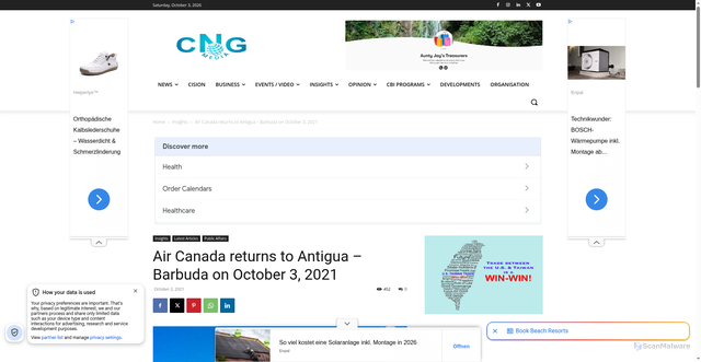 Security scan screenshot of https://caribbeannewsglobal.com/air-canada-returns-to-antigua-barbuda-on-october-3-2021/