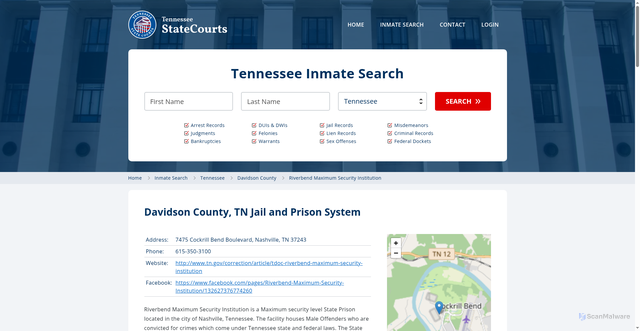 Security scan screenshot of https://www.statecourts.org/inmate-search/tennessee/davidson-county/riverbend-maximum-security-institution/
