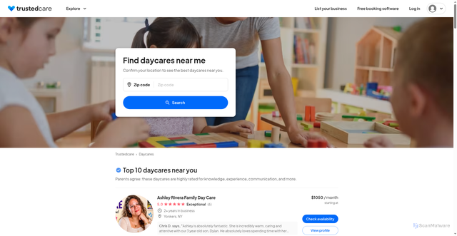 Security scan screenshot of https://trustedcare.com/daycares