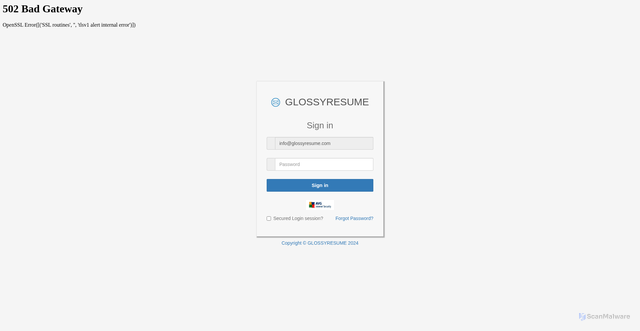 Security scan screenshot of https://yogisandyoginis.com/wp-content/themes/DiviB/hm11155h.htm#info@glossyresume.com