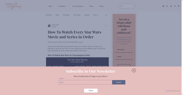 Security scan screenshot of https://www.wishesandwayfinding.com/post/how-to-watch-star-wars-movies-in-order