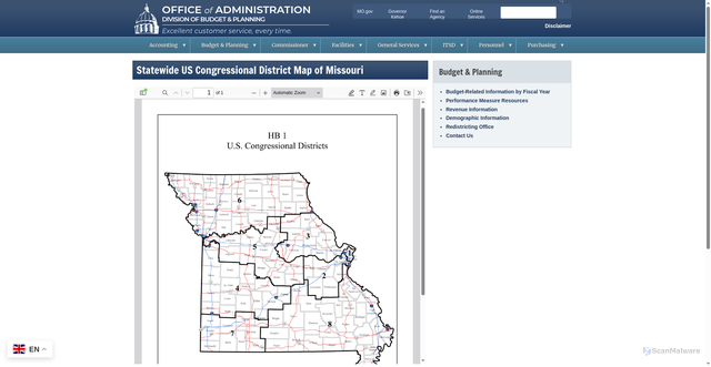 Security scan screenshot of https://budplan.oa.mo.gov/media/pdf/statewide-us-congressional-district-map-missouri