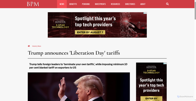 Security scan screenshot of https://www.benefitsandpensionsmonitor.com/news/industry-news/trump-announces-liberation-day-tariffs/391796