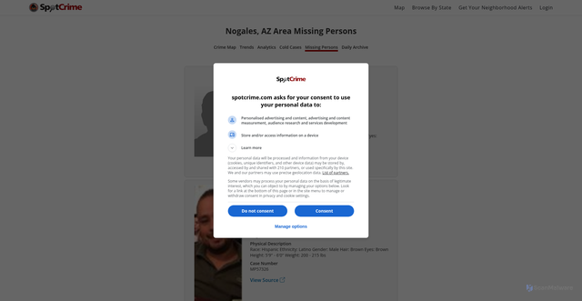 Security scan screenshot of https://spotcrime.com/AZ/Nogales/missing-persons
