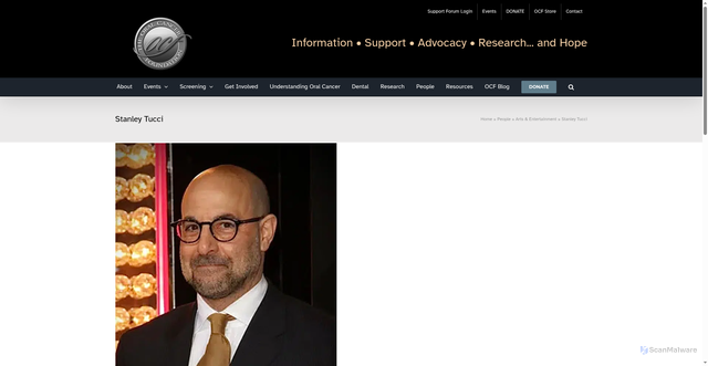 Security scan screenshot of https://oralcancerfoundation.org/people/arts-entertainment/stanley-tucci/