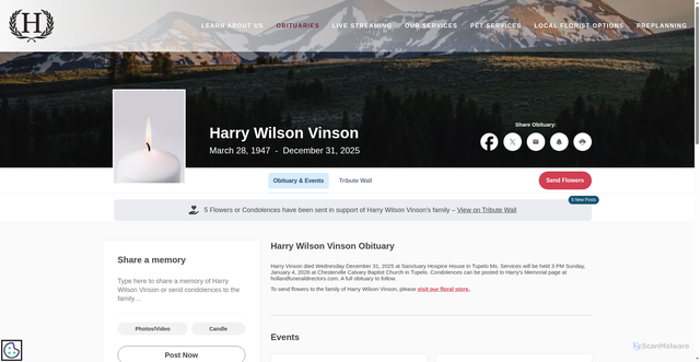 Security scan screenshot of https://www.hollandfuneraldirectors.com/obituaries/Harry-Wilson-Vinson?obId=46836130