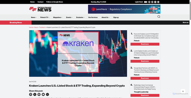 Security scan screenshot of https://ffnews.com/newsarticle/tradetech/kraken-launches-u-s-listed-stock-etf-trading-expanding-beyond-crypto/