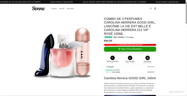 Security scan screenshot of https://seenee.site/products/combo-de-3-perfumes-carolina-herrera-good-girl-lancome-la-vie-est-belle-e-carolina-herrera-212-vip-rose-100ml