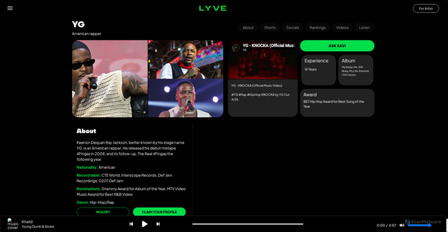 Security scan screenshot of https://lyve.one/artist/yg/