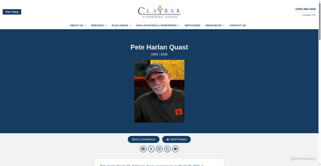 Security scan screenshot of https://www.claybarfuneralhome.com/obituaries/pete-harlan-quast/