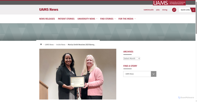Security scan screenshot of https://news.uams.edu/2025/12/19/monica-smith-receives-2025-bonny-hope-wallace-award/