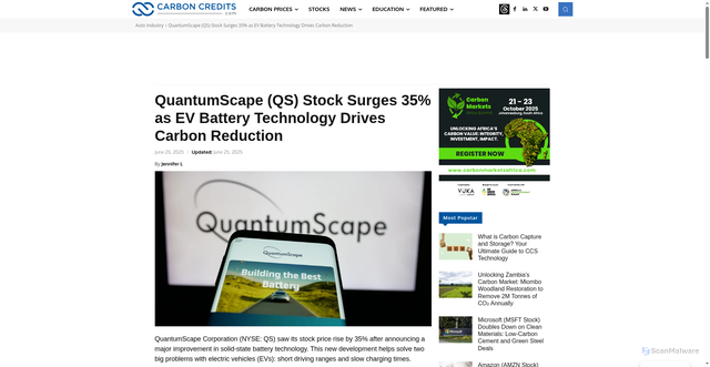 Security scan screenshot of https://carboncredits.com/quantumscape-qs-stock-surges-35-as-ev-solid-state-battery-technology-drives-carbon-reduction/