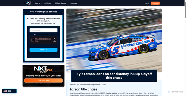 Security scan screenshot of https://nxtbets.com/winless-kyle-larson-leans-on-consistency-in-playoff-title-chase/