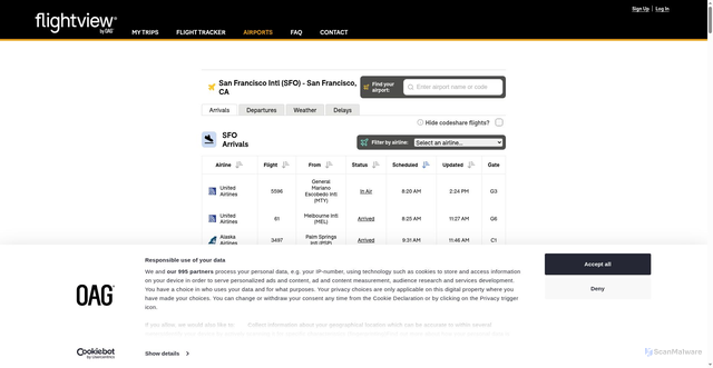 Security scan screenshot of https://app.flightview.com/airport/SFO-San_Francisco-CA/arrivals