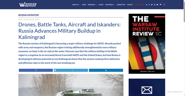 Security scan screenshot of https://warsawinstitute.org/drones-battle-tanks-aircraft-iskanders-russia-advances-military-buildup-kaliningrad/