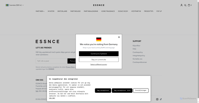 Security scan screenshot of https://essnce.se/pages/faq?hcUrl=%2Fsv-SE&utm_source=Klaviyo&utm_medium=flow&utm_campaign=V%C3%A5r%20parfym%C3%B6r%20Paul&_klaviyopid=01M1432W4A69VDMQVTSWKFFQAH&_kx=-uXo7KnnzTZXcnXmPajZU7VvuGqIelMToRT0XwNv-fM.RjWjqG