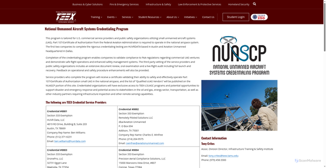 Security scan screenshot of https://teexonline.org/services/national-unmanned-aircraft-systems-credentialing-program/