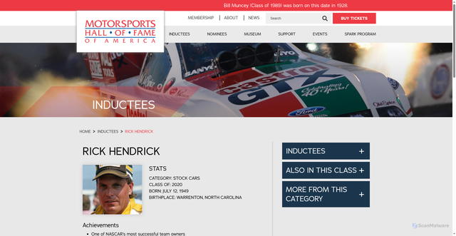 Security scan screenshot of https://www.mshf.com/hall-of-fame/inductees/hendrick-rick-stock-cars-2020.html