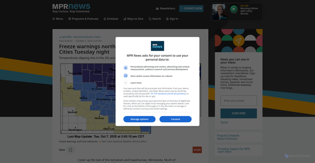 Security scan screenshot of https://www.mprnews.org/story/2025/10/07/freeze-warnings-north-and-frost-advisory-includes-twin-cities-tonight
