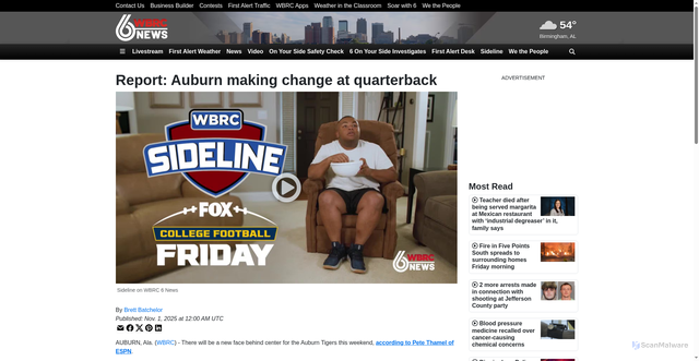 Security scan screenshot of https://www.wbrc.com/2025/11/01/report-auburn-making-change-quarterback/
