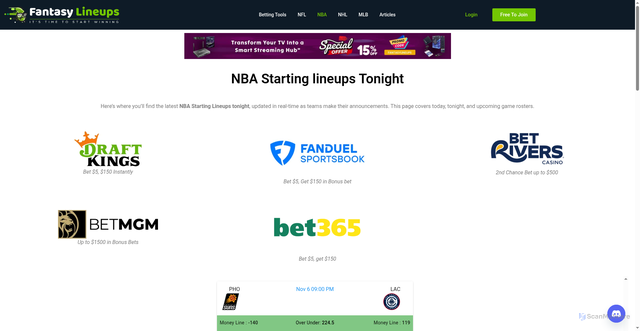 Security scan screenshot of https://fantasylineups.com/nba-starting-lineups-tonight/