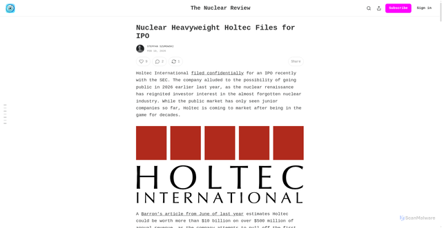 Security scan screenshot of https://nuclearreview.substack.com/p/nuclear-heavyweight-holtec-files