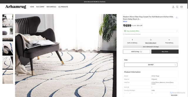 Security scan screenshot of https://arhamrug.shop/Modern-Micro-Fiber-Rug-Carpet-For-Hall-Bedroom-Kichen-Kids/catalogue/XIvW25NM/PMgk4lWZ
