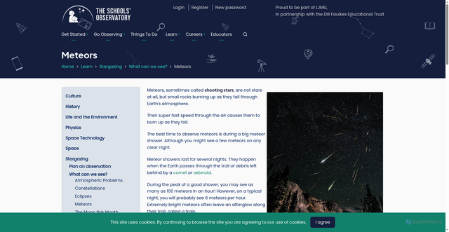 Security scan screenshot of https://www.schoolsobservatory.org/learn/stargazing/look/meteors