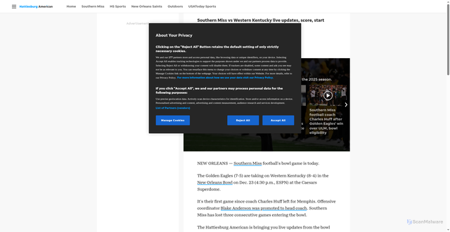 Security scan screenshot of https://www.hattiesburgamerican.com/story/sports/college/southern-miss/2025/12/23/southern-miss-western-kentucky-score-live-updates-new-orleans-bowl/87818933007/