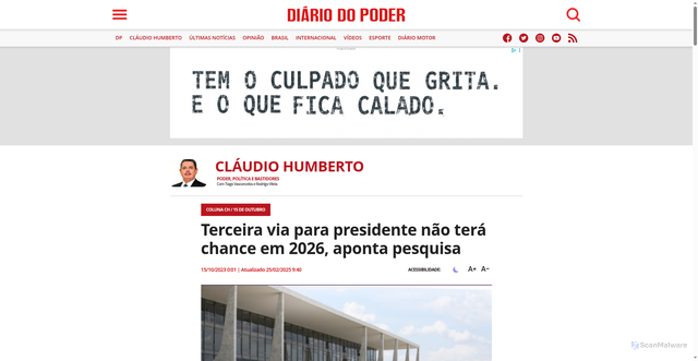 Security scan screenshot of https://diariodopoder.com.br/coluna-claudio-humberto/terceira-via-nao-tem-chances-em-2026-diz-pesquisa