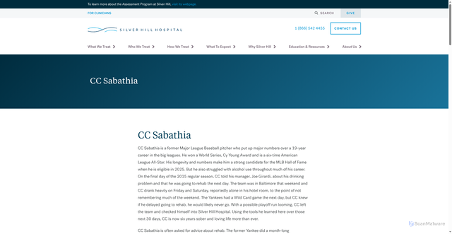 Security scan screenshot of https://silverhillhospital.org/why-silver-hill/patient-success-stories/cc-sabathia/