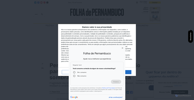 Security scan screenshot of https://www.folhape.com.br/colunistas/blogdafolha/perspectiva-politica-2026-cenario-para-eleicao-de-2026-mantem-sombra-da-polarizacao-politica/54795/