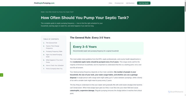 Security scan screenshot of https://findsepticpumping.pages.dev/how-often-should-you-pump-septic-tank