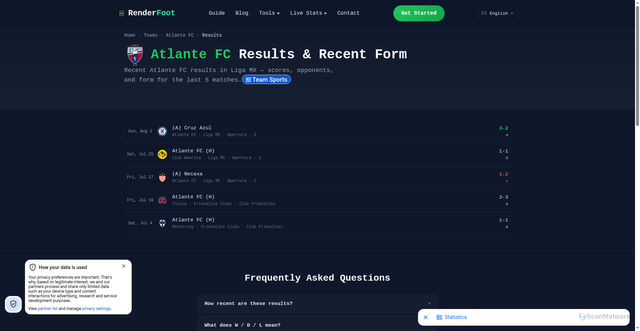 Security scan screenshot of https://www.renderfoot.com/teams/atlante-fc/results