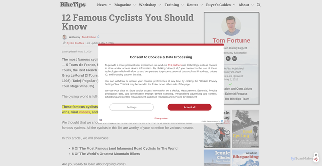 Security scan screenshot of https://biketips.com/famous-cyclists-you-should-know/