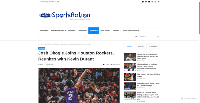 Security scan screenshot of https://sportsration.com/josh-okogie-joins-houston-rockets-reunites-with-kevin-durant/