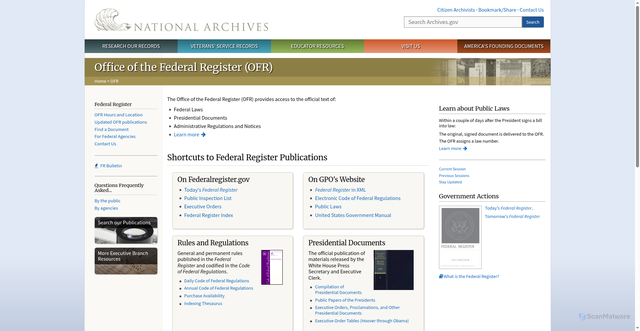Security scan screenshot of https://www.archives.gov/federal-register