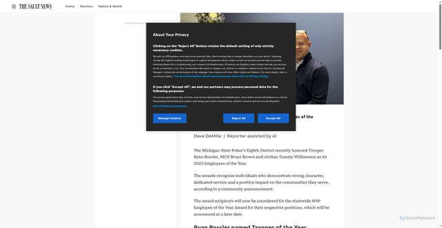 Security scan screenshot of https://www.sooeveningnews.com/story/news/2025/12/18/michigan-state-police-8th-district-2025-employees-of-the-year-marquette/87785686007/