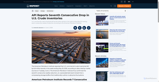 Security scan screenshot of https://inspenet.com/en/news/api-reports-seventh-consecutive-drop-in-u-s-crude-inventories/