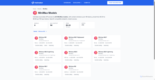 Security scan screenshot of https://haimaker.ai/models/minimax